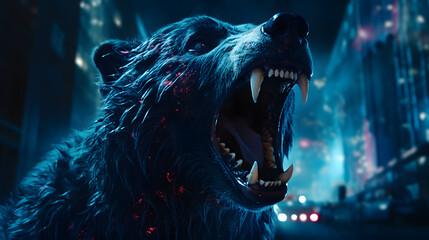 a video showing a bear with it's mouth open, in the style of neon realism, fantastical street, dark blue and white, mário eloy, pegi nicol macleod, lively street scenes, stark honesty  - obrazy, fototapety, plakaty
