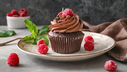 Plate of tasty chocolate cupcake with raspberries on table