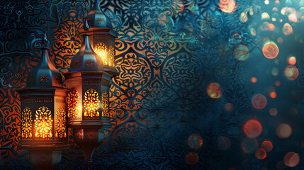 Glowing lanterns on arabic pattern background for Ramadan Kareem celebration Eid Mubarak Eid al Fitr and Eid al Adha Happy eid illustration, decoration greeting banner with copy space, festival poster - obrazy, fototapety, plakaty