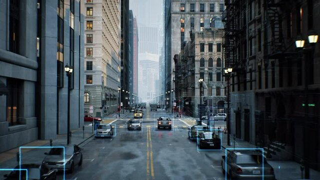 Autonomous driving system, sensors for object detection, and the vehicle in front,A self-driving car, futuristic style