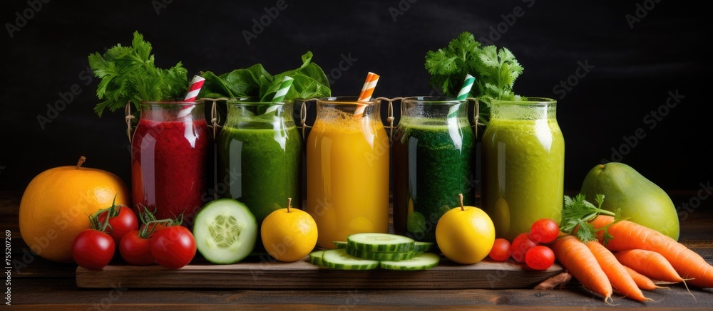 Sticker A variety of natural foods including fruits and juices are displayed on the table, showcasing different ingredients for recipes and drinks