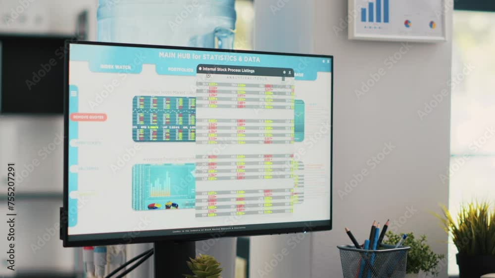 Poster stock market values going up and down on computer monitor in empty financial department office, pric