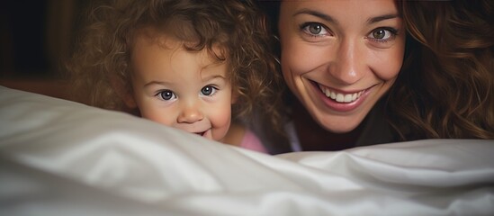A young mother is smiling as she holds her baby girl under a blanket, both peeking out with joy and warmth. The image captures a tender moment of love and comfort.