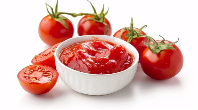 a bowl of ketchup next to tomatoes