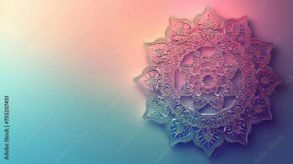 Poster islamic greeting card with intricate arabesque pattern on serene gradient background with copy space