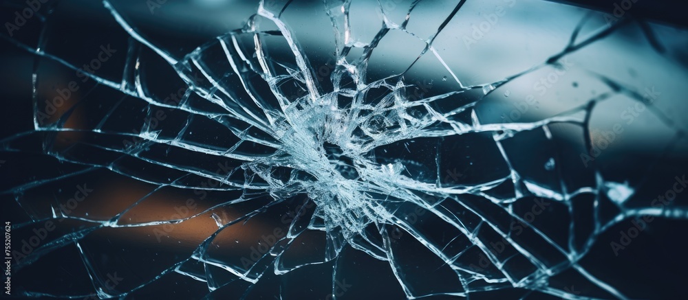 Poster a closeup of a shattered glass window with an electric blue background, creating a symmetrical patte