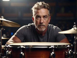 Pensive mature drummer in a dark atmosphere is focused intently on his drum, portraying dedication and emotion in music