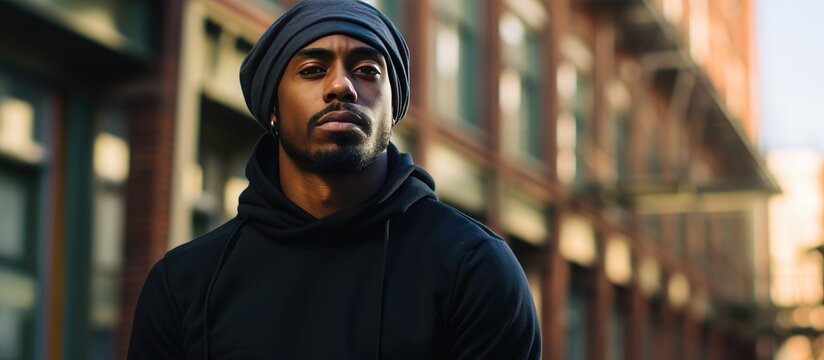 A Black Spanish man in a black hoodie stands in a thoughtful pose outside a building, exuding a sense of contemplation and urban coolness.