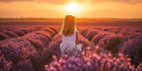 A happy girl admires the sunset in a lavender field under the colorful sky