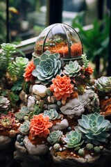 A cluster of various succulent plants and rocks are carefully arranged in a garden setting, creating a visually appealing and harmonious display of textures and colors