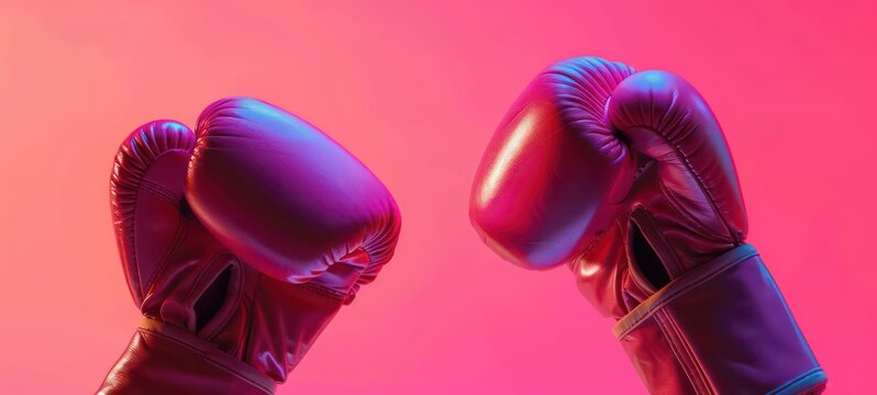 Fighting hands in pink boxing grove on pink background