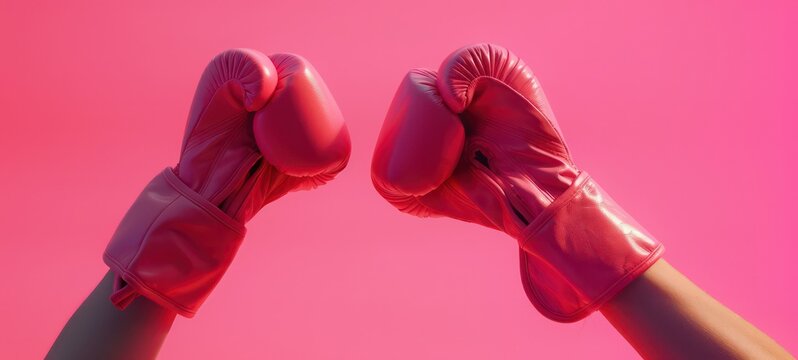 Fighting hands in pink boxing grove on pink background