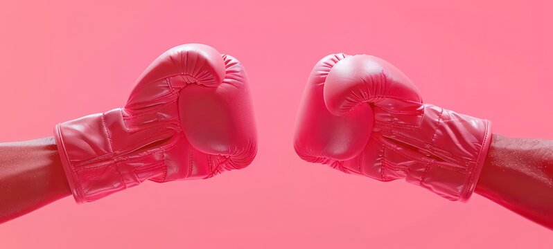 Fighting hands in pink boxing grove on pink background