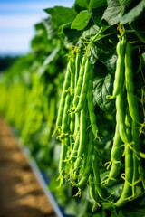 Fototapeta premium A bunch of green beans is suspended from a line in a neat row. The green beans are freshly picked and are left to dry in the open air