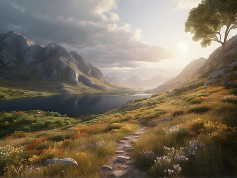 A breath-taking image of a serene mountain landscape with a walking path winding through vibrant fields of wildflowers