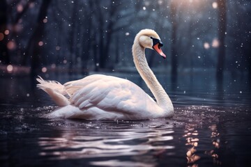 A white swan gracefully floats atop a calm lake, showcasing its elegant beauty against the serene backdrop of the water