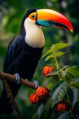 Fototapeta premium A vibrant toucan with a colorful beak sitting calmly on a branch nestled within the lush green foliage of a tropical tree