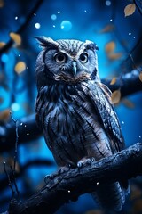 An inquisitive owl is perched on a tree branch in a wooded area, observing its surroundings with keen eyes