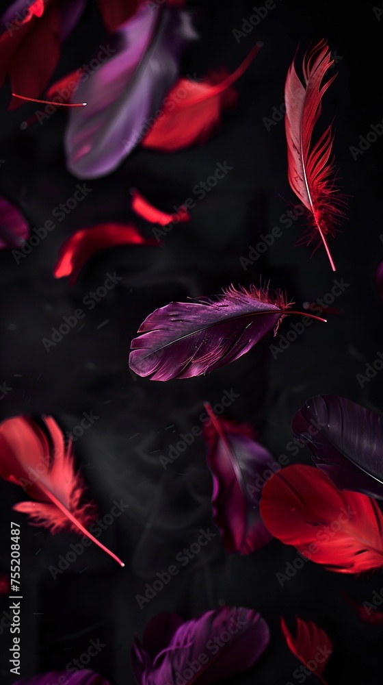 Wall mural black background with purple and red feathers falling in soft scene. feathers falling on a dark back