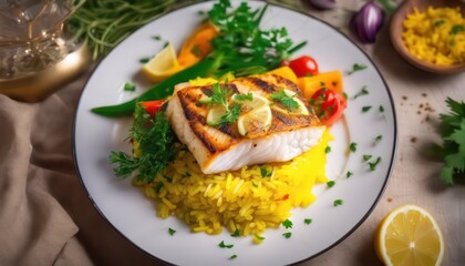 Grilled fish fillet on saffron rice with vegetables