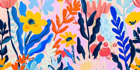 wildflowers in an abstract composition. The background is a soft pastel pink with a splash of bright blue accents Generative AI