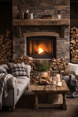 A rustic vintage living space with a farmhouse feel, filled with furniture and a fireplace. The room exudes warmth and comfort, with a cozy ambiance perfect for relaxation and gatherings