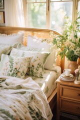 Vintage botanical bedroom with floral wallpaper, botanical prints, and natural wood furniture for a serene garden-inspired retreat