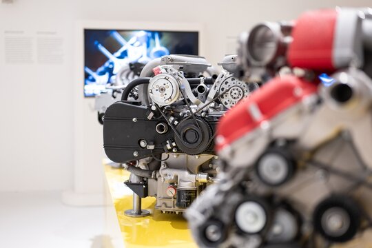 Racing gasoline engine displayed at Enzo Ferrari Museum in Modena, Italy