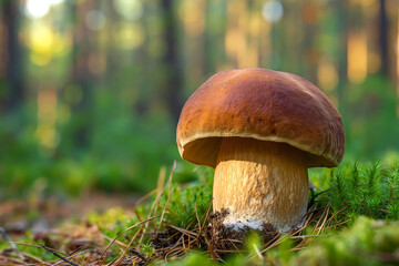 Wild bolete or porcini mushroom growing outdoors in the forest