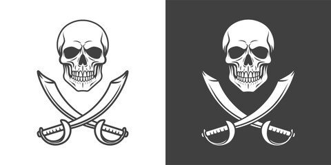 Vector Black and White Skull and Crosshairs Sabers Icon Set Closeup Isolated. Skulls Collection with Outline, Cut Out Style in Front View. Hand Drawn Skull Head Design Template
