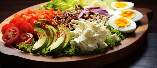 A fresh salad made with avocado, tomatoes, hard boiled eggs, lettuce, and other vegetables served...