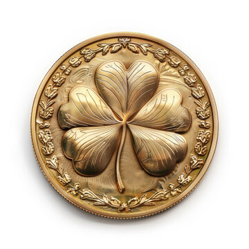 recommend clip art: Close-up of a gold coin with a shamrock. AI generated