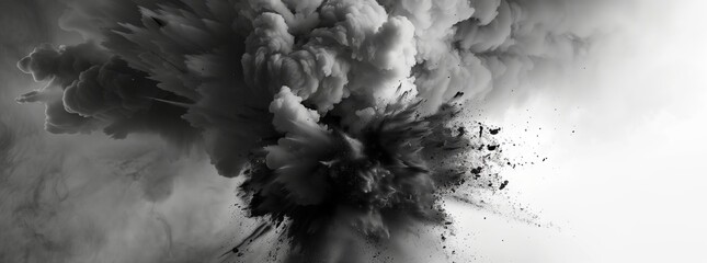 A monochromatic image capturing the eruption of smoke from a volcano, blending with the clouds in the sky and creating a dramatic natural landscape scene - obrazy, fototapety, plakaty
