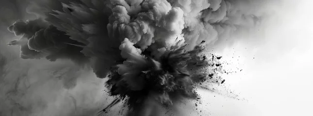Papier Peint photo autocollant Gris A monochromatic image capturing the eruption of smoke from a volcano, blending with the clouds in the sky and creating a dramatic natural landscape scene