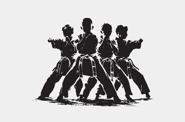 kung fu fight kids silhouette vector illustration