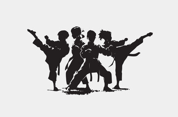 kung fu fight kids silhouette vector illustration