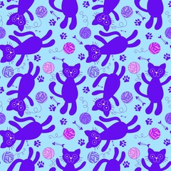 Cartoon animals accessories seamless cats and ball of threads and fish bones pattern for wrapping paper and fabrics