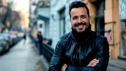Naklejka premium Fashionable Elegant Man in a Black Leather Jacket Looking at the Camera