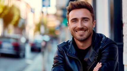 Fototapeta premium Fashionable Elegant Man in a Black Leather Jacket Looking at the Camera