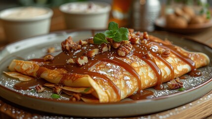 crepes with salted caramel and nuts, top view, wooden background - 755210038