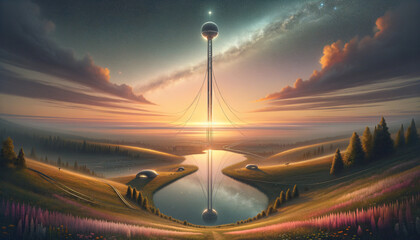 Futuristic space elevator blending with serene natural landscape at sunset.