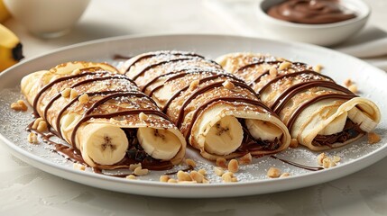 Crepes stuffed with chocolate spread and banana on white plate. Thin pancakes, blini. Sweet dessert