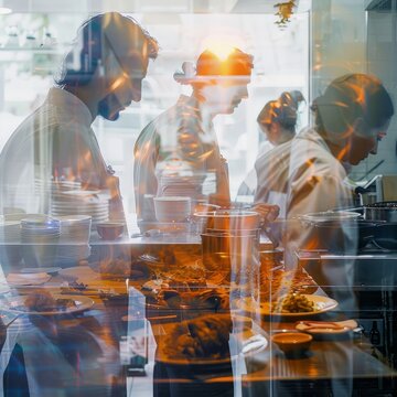 Double image of a restaurant with people eating and the chef in the kitchen. Image created by AI