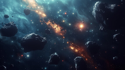 Asteroid belt with glowing rocks and cosmic dust in deep space, suitable for sci-fi backgrounds. - obrazy, fototapety, plakaty