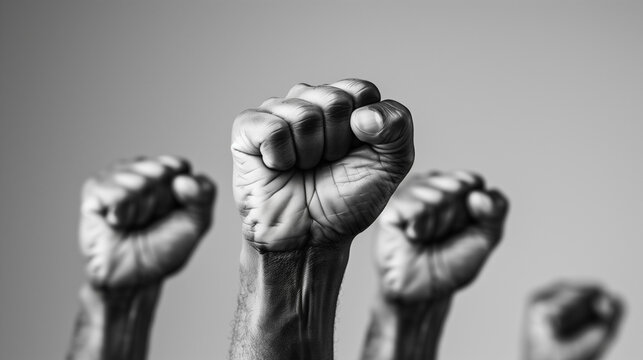 Black and white image of raised fists in solidarity, symbolizing unity and strength.
