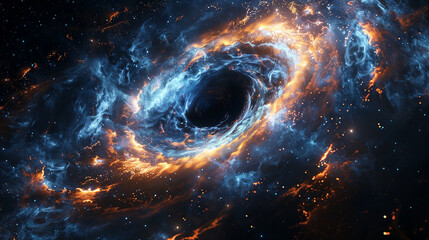 Digital illustration of a black hole surrounded by swirling galaxies and stars in deep space.