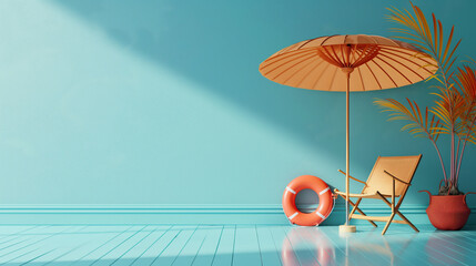 Minimalist summer scene with orange umbrella, chair, and lifebuoy against a blue wall with sunlight and palm shadows. - obrazy, fototapety, plakaty