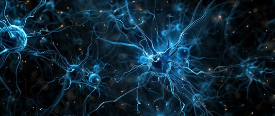 An electric blue computergenerated image of neurons in the brain, resembling an astronomical object...