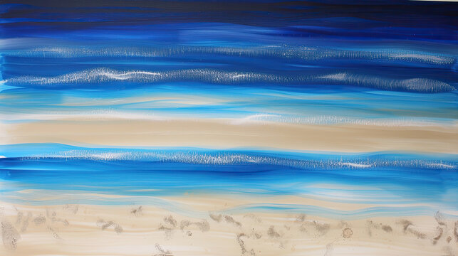 Abstract painting with horizontal blue and beige stripes resembling a stylized serene beach and ocean landscape