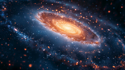 Spiral galaxy with stars, dust, and glowing center in deep space.